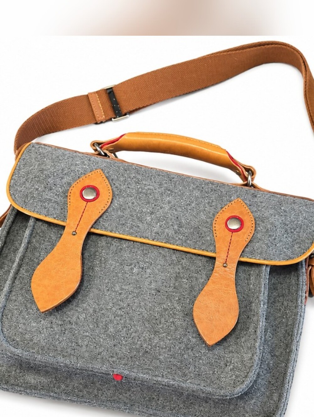 Grey Felt & Tan Leather Messenger Bag